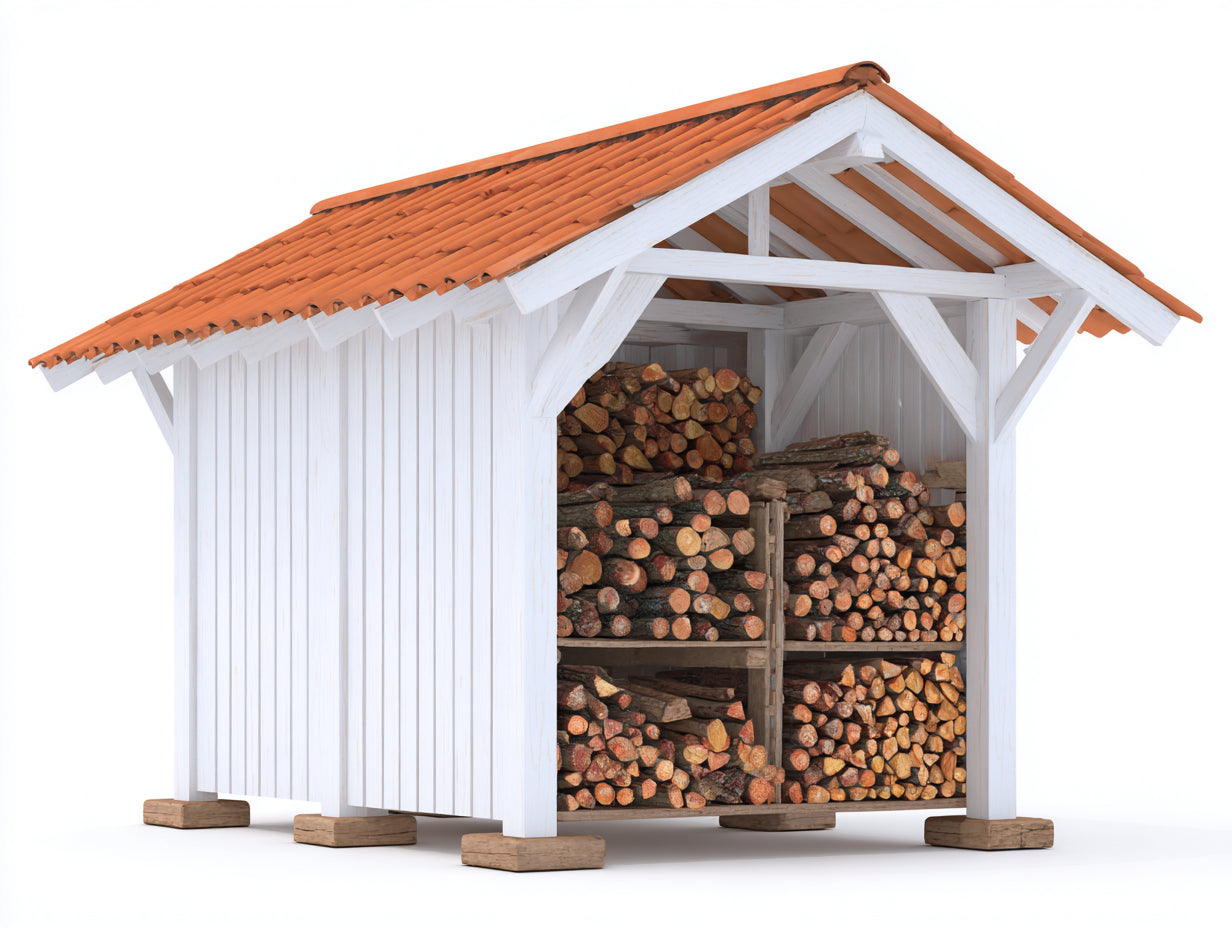 Kaminholzregal aus Holz 250 x 100 x 200 cm - Weiß und Rot - Großes überdachtes Brennholzregal für Garten und Außenbereich