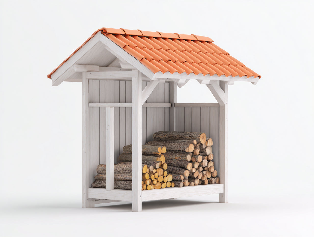 Kaminholzregal aus Holz 150 x 70 x 180 cm - Weiß und Rot - Überdachtes Brennholzregal mit Stauraum für Garten und Außenbereich
