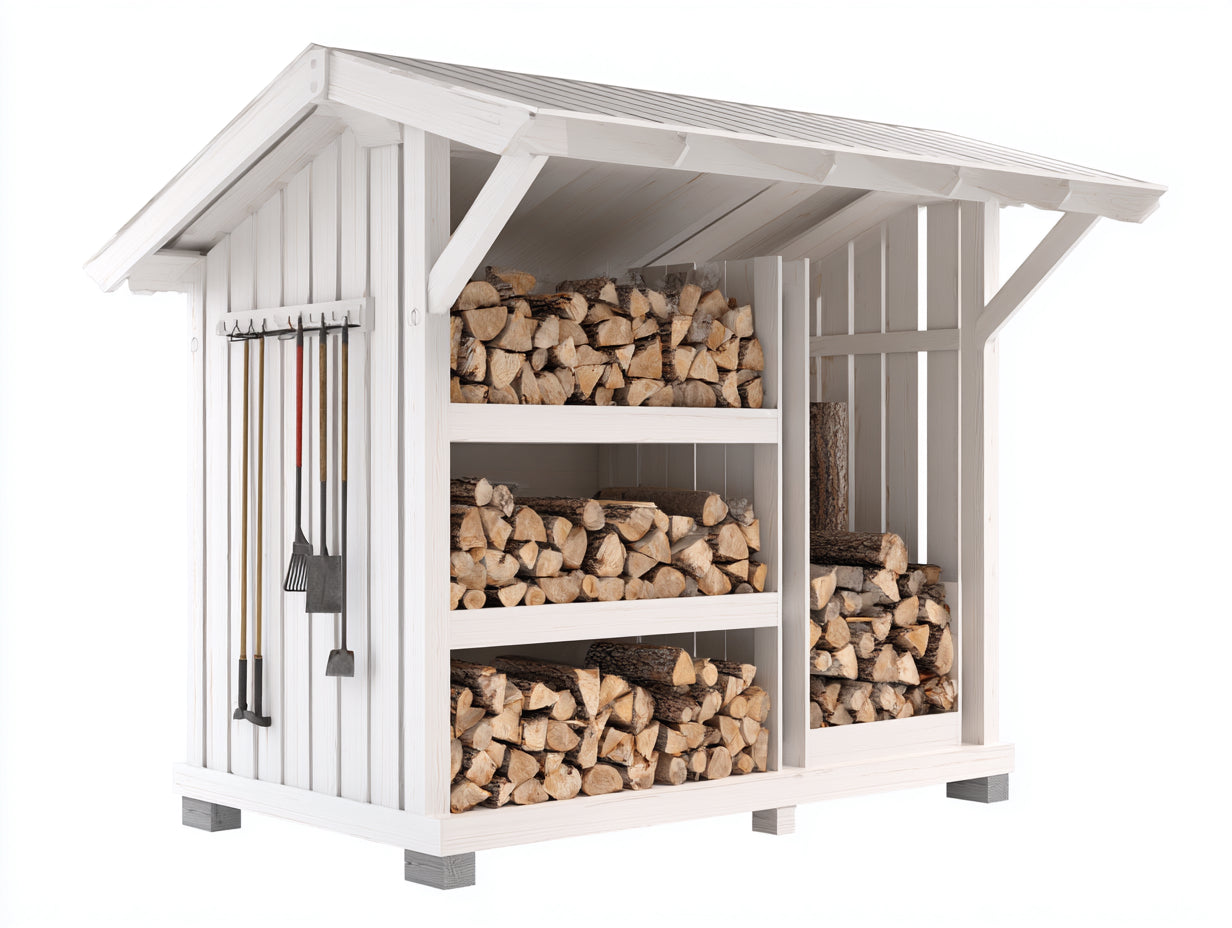 Kaminholzregal aus Holz 200 x 80 x 180 cm - Weiß - Überdachtes Brennholzregal mit mehreren Ablageflächen für Garten und Außenbereich