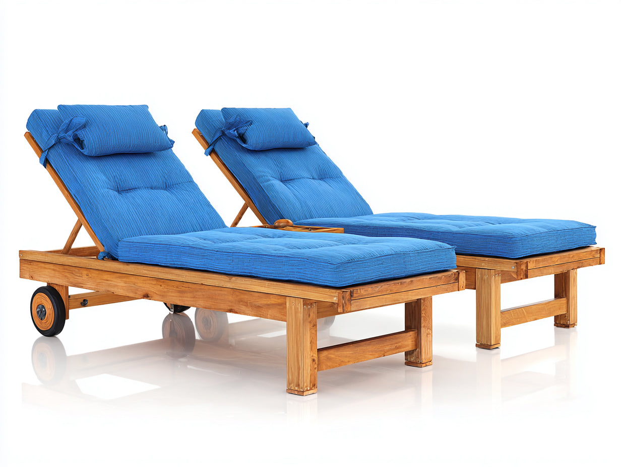 Sonnenliege aus Holz 200 x 70 x 45 cm - Naturholz und Blau - 2er Set Gartenliegen mit gepolsterter Liegefläche