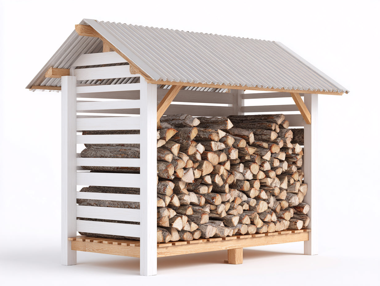 Kaminholzregal Holz 180x70x180 cm - Weiß und Naturholz - Überdachte Holzaufbewahrung für Garten