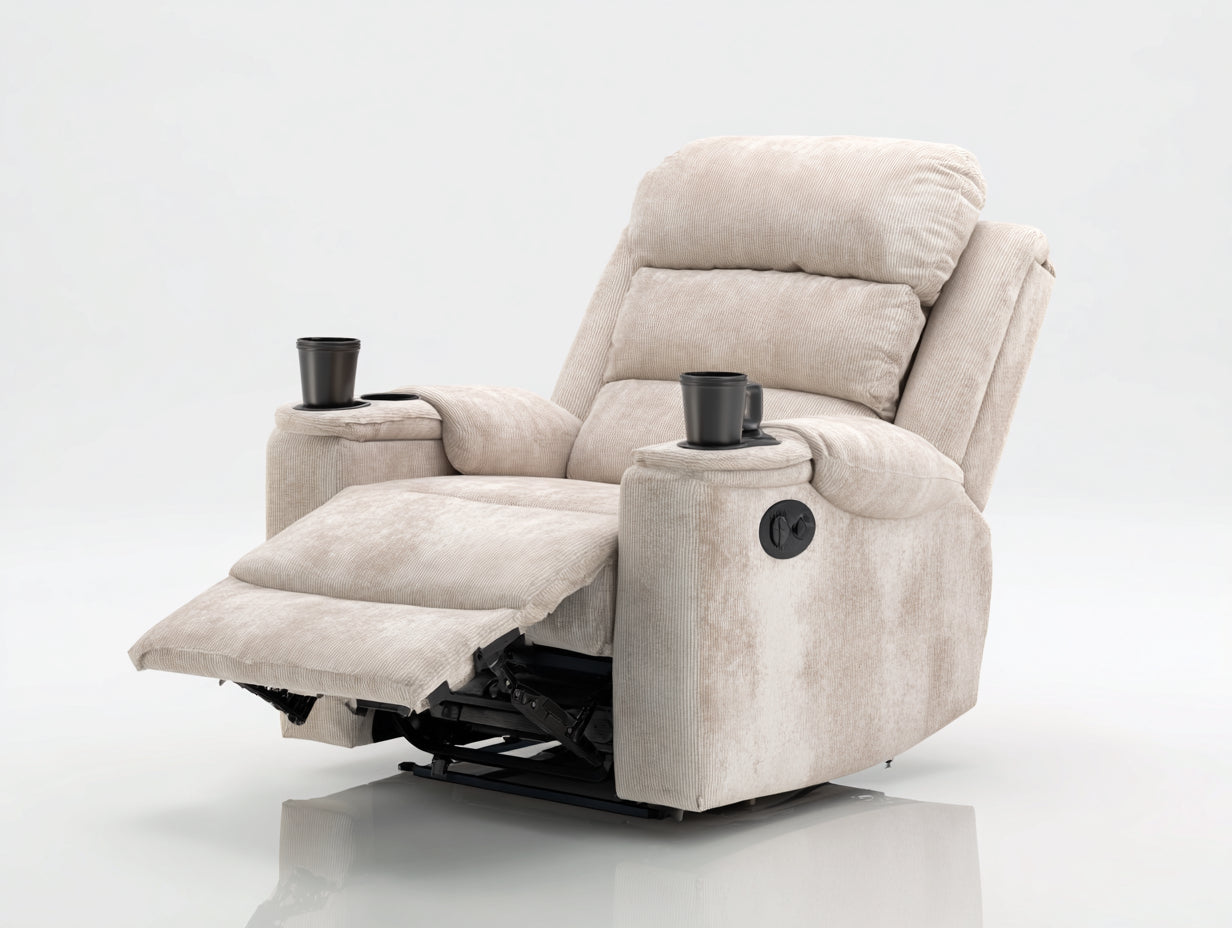 Liegesessel aus Cordstoff 85 x 95 x 105 cm - Beige - Komfortabler Relaxsessel mit verstellbarer Rückenlehne und Getränkehalter