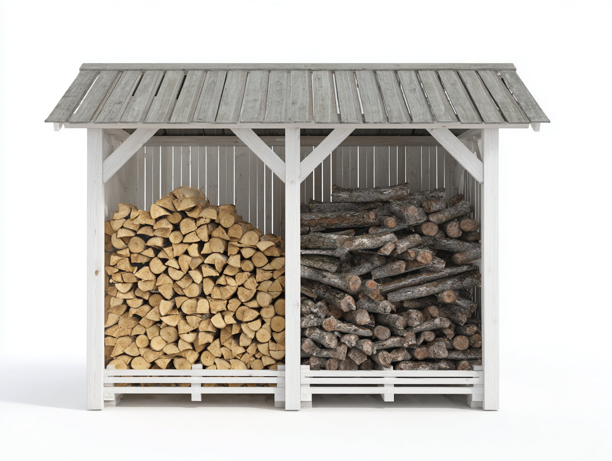 Kaminholzregal Holz 240 x 60 x 180 cm - Weiß Grau - Überdachtes Brennholzregal für Garten und Außenbereich
