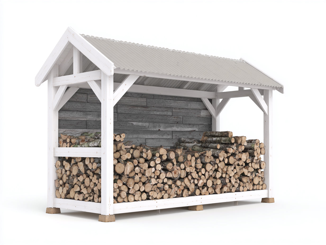 Kaminholzregal Holz 300 x 100 x 200 cm - Weiß Grau - Großes überdachtes Brennholzregal für Garten und Außenbereich
